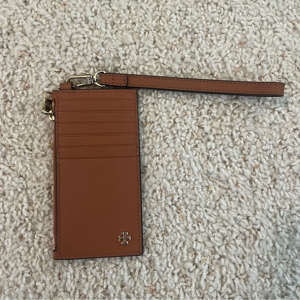 Tory Burch Brown Saffiano Leather Miller Top Zip Card Case